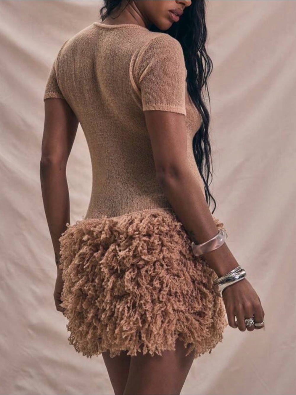 Knit Mini Sheer Bodice Dress - Camel - Medium